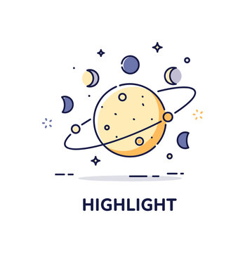 Full moon highlight concept featuring a large glowing moon icon with smaller phase symbols subtly orbiting around it, expressing prominence, illumination, and