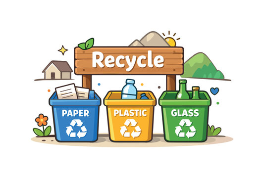 Community recycling point in a remote village small grouped containers for paper plastic and glass arranged near a wooden sign with the word Recycle creating a