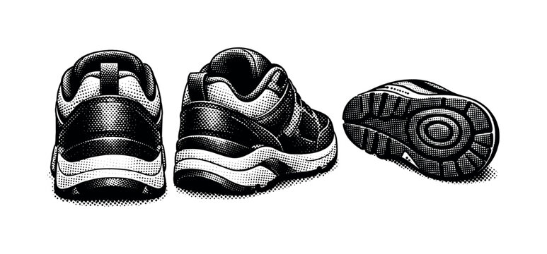 Sneakers rear heel A realistic sneaker heel counter shown in three views: rear view, side rear angle, and bottom heel view, focusing on support structure and