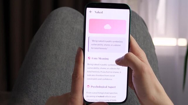 Woman browsing dream dictionary app on smartphone and opening interpretation of symbols. Modern lifestyle, psychology and self discovery concept. Perfect for wellness brands, mental health content