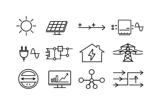 Solar Energy System. Line icon set of Solar Energy System: sun source icon, solar panel input, DC electricity flow, inverter conversion, AC power output,