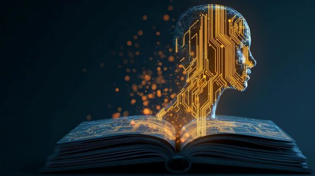 Artificial Intelligence learning concept. A futuristic illustration of artificial intelligence emerging from a digital book with circuit patterns