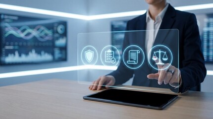 Fototapeta premium Businessperson using holographic interface above a tablet in modern office , AI Governance Compliance Audit concept