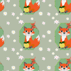 Naklejka premium Cute seamless vector pattern with adorable orange foxes holding apples