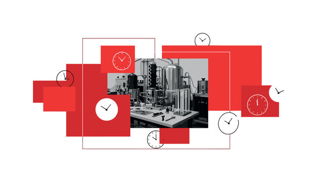 A monochrome distillery workspace with tools and measuring cylinders, surrounded by red rectangular blocks and minimal abstract clock icons symbolizing time