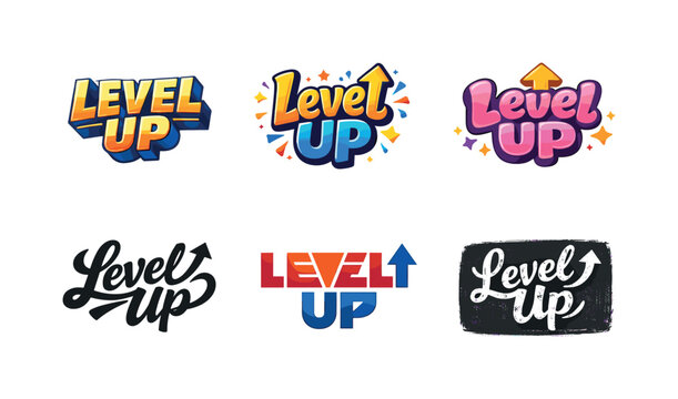 Level Up. Set lettering. harmonious lettering variations of the same emblematic concept, each with different artistic interpretation (3D extruded