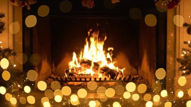 Fireplace with burning logs in a warm, festive indoor setting for cozy holiday ambiance.