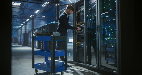 Technician in a data center inspects network hardware among rows of servers, equipment maintenance, cable management, a system reliability in a secure