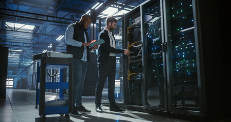 Engineers collaborate in a high-tech data center, using a tablet to analyze server rack performance, inspect network cables, verify device connections, business infrastructure, and it service systems