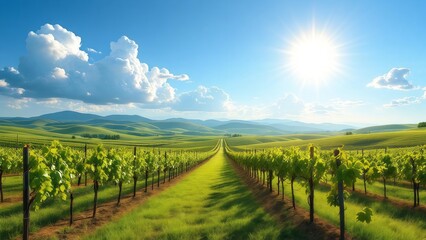 Lush Green Vineyard Rows Under a Bright Sunny Sky