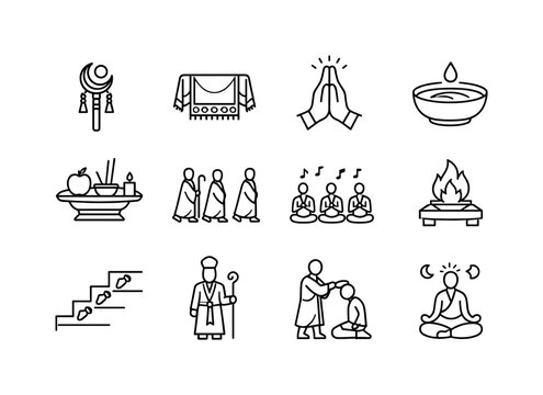 Ritual Ceremony. Line icon set of Ritual Ceremony: ceremonial staff, sacred cloth, ritual gesture, holy water bowl, symbolic offering, ceremonial procession,