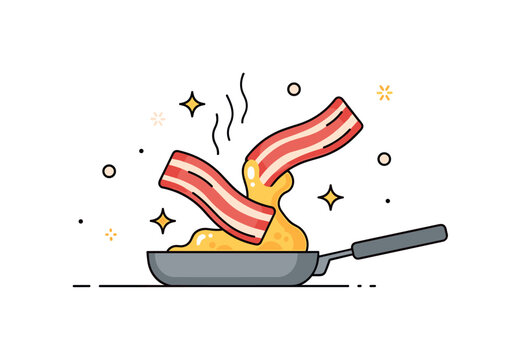 Sizzling bacon in a pan with golden fat spreading and small decorative stars conveying heat, aroma, and delicious cooking process. Minimalist flat vector