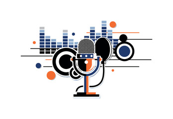 Obraz premium Black and white recording booth scene simplified into geometric shapes, microphone on stand as focal point, bold equalizer bars and circular forms floating