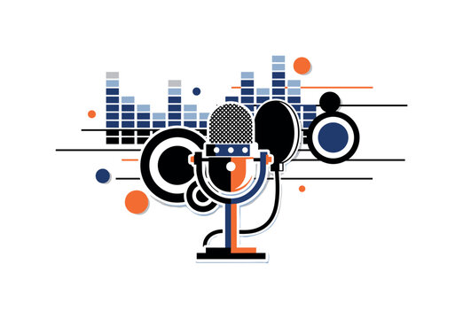 Black and white recording booth scene simplified into geometric shapes, microphone on stand as focal point, bold equalizer bars and circular forms floating