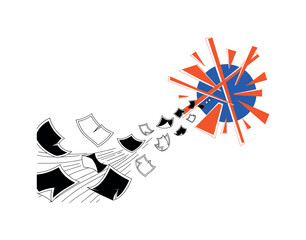 Obraz premium Black and white paper sheets flying upward in swirling wind, bold cobalt blue sun disc behind intersected by orange geometric blocks representing chaotic