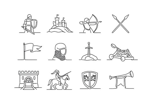 Medieval Battlefield Scene. Minimalistic set one-line drawing [knight with shield, castle on hill, longbow archer, crossed spears, medieval banner flag,