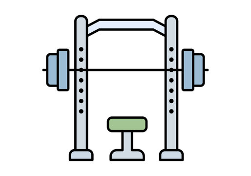 Icono lineal de un rack de potencia con barra de pesas y banco de musculaci&oacute;n para gimnasio