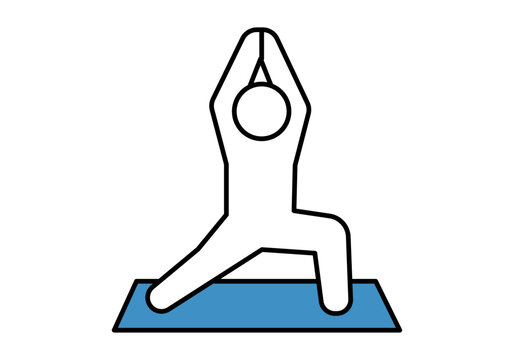 Icono lineal de una persona realizando la postura del guerrero en yoga sobre una esterilla azul