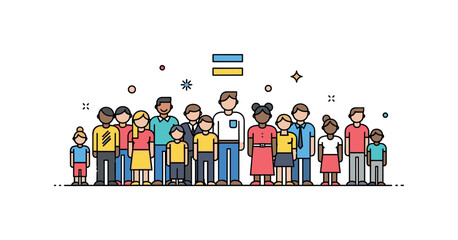 Diversity and inclusion in society visualized through varied human figures of different shapes and tones standing together under a simple equality sign,