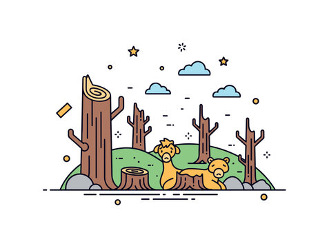 Deforestation impact showing a barren landscape with tree stumps and a few remaining animals looking distressed, emphasizing environmental loss and ecological