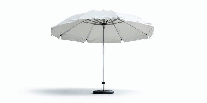White parasol stands isolated. Minimalist design, simple form, clean aesthetic. Perfect summer accessory, outdoor shade provider.