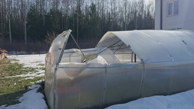 Serene outdoor scene. Polytunnel structures in peaceful landscape. Tranquil setting with curved tunnels and distant tree line