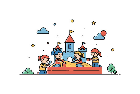 Playground sandbox with kids building castles and playing together, highlighting creativity, teamwork, and imaginative outdoor play. Minimalist flat vector