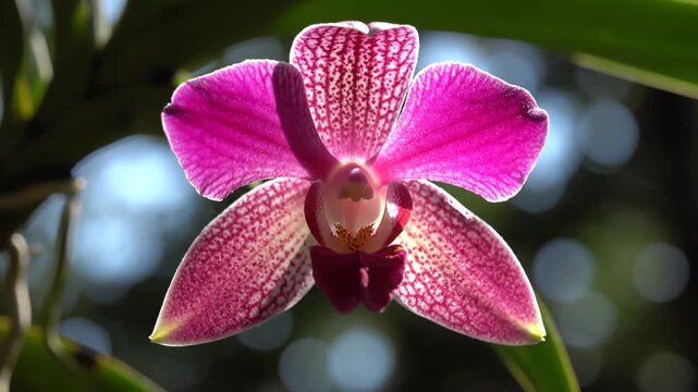Orchid Flower in Bright Sunlight with Pink and White Petals on Green Background for Botanical Study