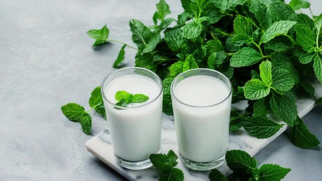 White drink sits in clear glasses with mint leaves on top next to fresh mint on a gray surface in a kitchen setting