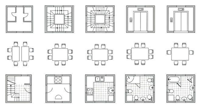 Set of 15 Architectural Floor Plan Icons Vector