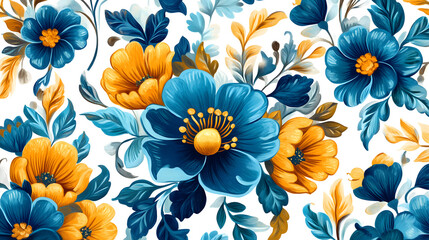 Petrykivka Ukrainian folk floral painting, minimalist modern reinterpretation, blue and yellow flowers, contemporary art print on white background