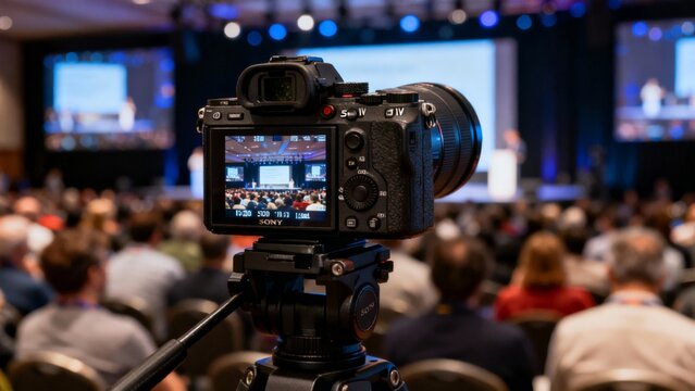 CloseUp Camera Screen Shows Conference Audience And Stage, Operator Framing Shot With Shallow Depth Of Field, Ambient Stage Lighting, Ready For Livestream And Remote Viewers.