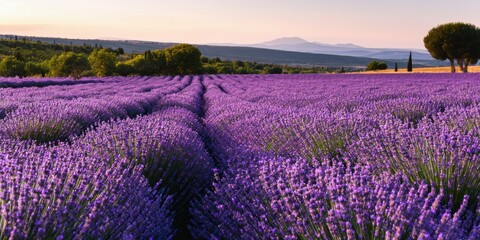 Obraz premium Vibrant lavender fields stretch toward distant mountains. Warm sunset light bathes landscape, creating peaceful scene. Beautiful Provence countryside.