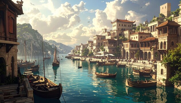 Picturesque Coastal Townscape with Azure Waters and Architectural Grandeur.