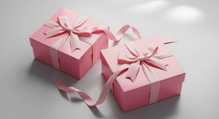 Obraz premium Two pink gift boxes with ribbons on a grey background