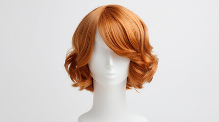 Fototapeta premium Wig on a mannequin head showing curly orange hairstyle in a simple studio setting