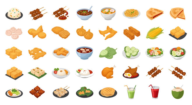 Indonesian Street Food and Traditional Culinary Vector Illustration Set