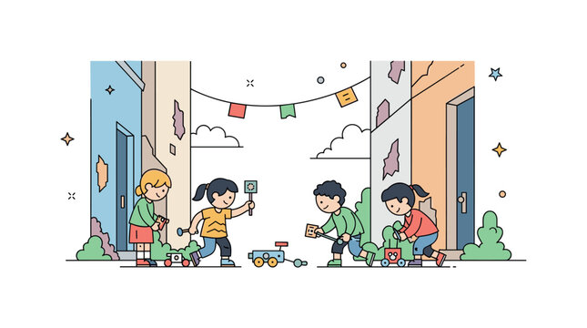 Children playing in worn-down urban alleys with makeshift toys, capturing moments of joy and imagination amid hardship. Minimalist flat vector illustration,
