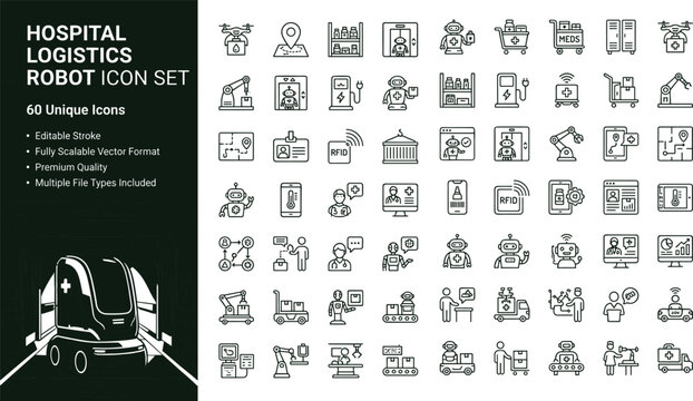 Hospital logistics robot line icon set with medical supply automation delivery robots and smart healthcare transport symbols