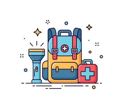 Disaster preparedness kit emergency backpack icon paired with flashlight and first aid cross symbol. A proactive and informative micro scene about readiness