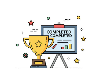 Project wrap up celebration illustrated by a simple trophy icon beside a completed task board, expressing recognition and success after dedicated effort. The