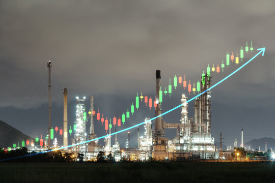 Oil refinery processing facility located in Bang Lamung, Chonburi Province, Thailand, overlaid with increasing stock market candlestick graph, representing rise in global fuel and energy prices.