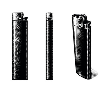Slim lighter represented as a narrow elongated lighter with a minimalist form and refined metal accents, shown as a single object. Black and white dot style