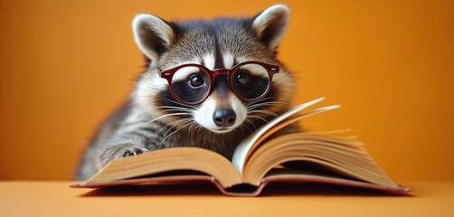 Obraz premium Cute raccoon with glasses reads an open book against an orange backdrop. This furry character looks attentive and curious, learning something new. Animal enjoys literature and knowledge.