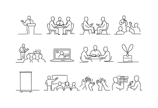 Startup Conference Activities. Minimalistic set one-line drawing keynote speaker, investor meeting table, founders discussion, Q&A session, demo day stage,