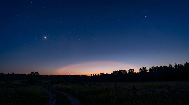 Serene Night Sky with Crescent Moon and Faint Moonbow Over Dark Forest and Rural Field Path