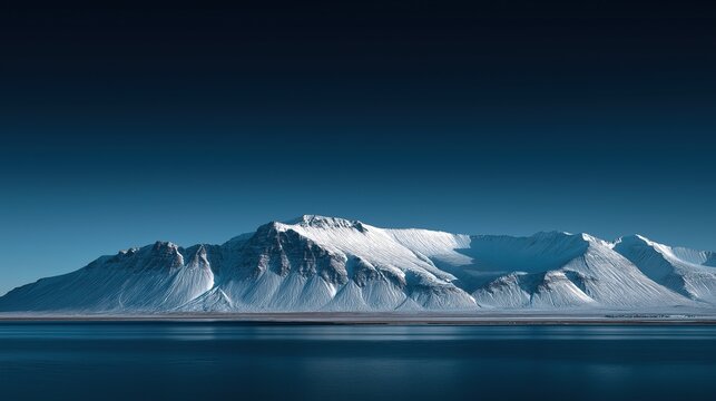 Snow covered mountains with clear dark blue sky, large mountain range in distance creating an arctic Icelandic landscape scenery