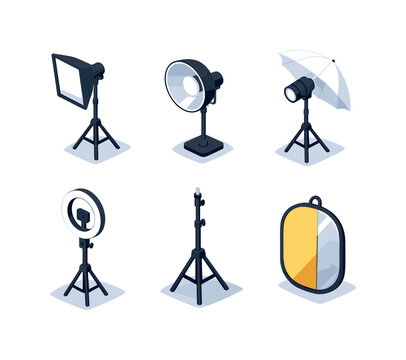Portrait Lighting. Isometric flat vector icons set of Portrait Lighting: studio softbox light, beauty dish reflector, photography umbrella light, ring light on