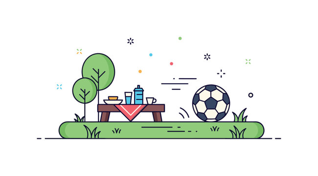 Casual park games concept showing a simple soccer ball on grass beside a picnic setup with small trees in the background. Subtle motion lines and tiny star