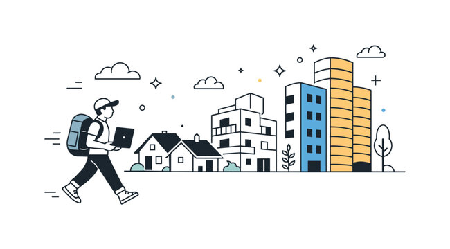 Community displacement concerns. Small homes gradually replaced by abstract high-rent buildings while a nomad walks by with a backpack and laptop. Gentle,